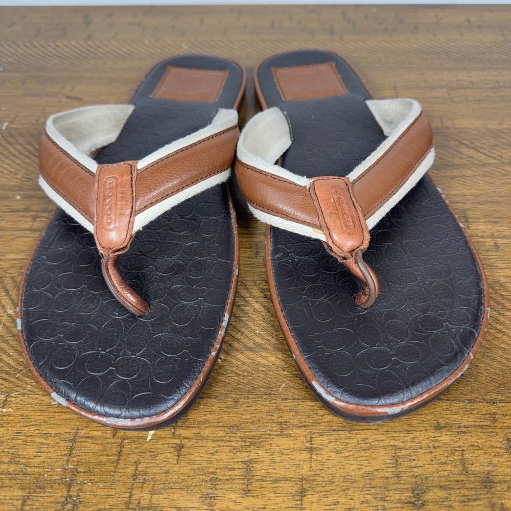 Coach Flip Flops Mens 13 Brown Leather‎ Canvas Signature Monogram Sandals - Picture 3 of 8